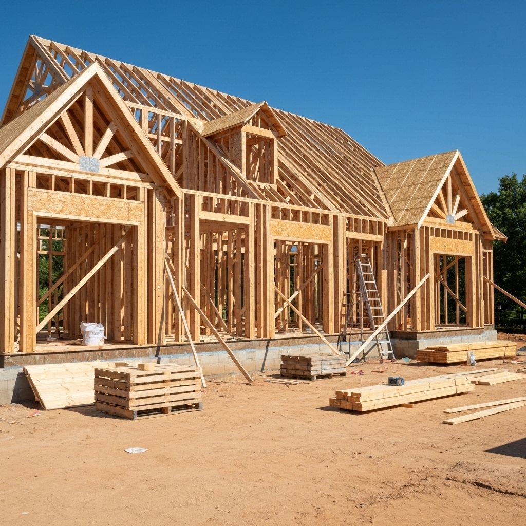 Colonial house construction site with framing and material pallets