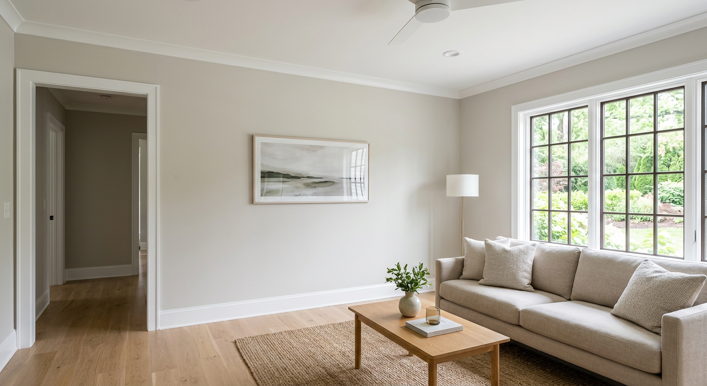 Freshly painted interior walls and trim, an example of painting work from Arco Group LLC